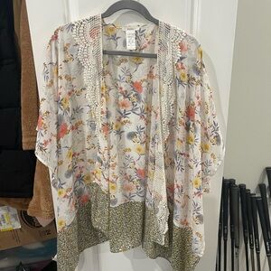 Esley Floral Sheer Open-Front Cardigan in Cream with Coral and Yellow Blooms